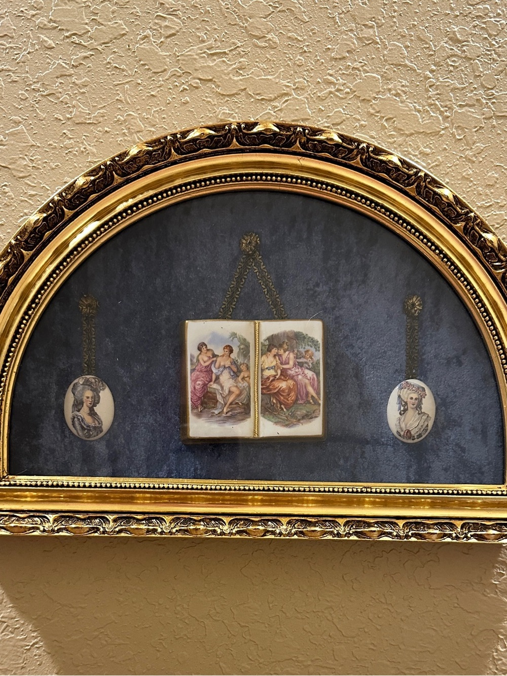 Vintage semi-circular framed porcelain wall art piece, likely created by Sungott